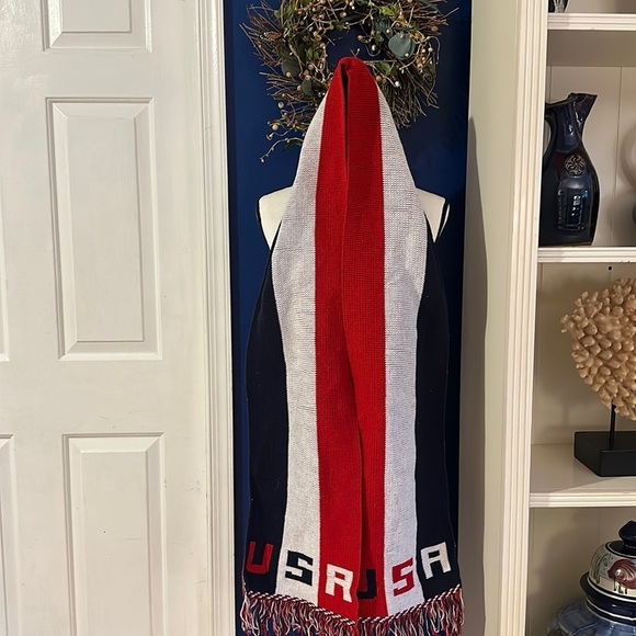 Vintage Unisex Knitmakers USA Patriotic Red White Blue Stripes Knit Scarf 82" - Picture 1 of 5